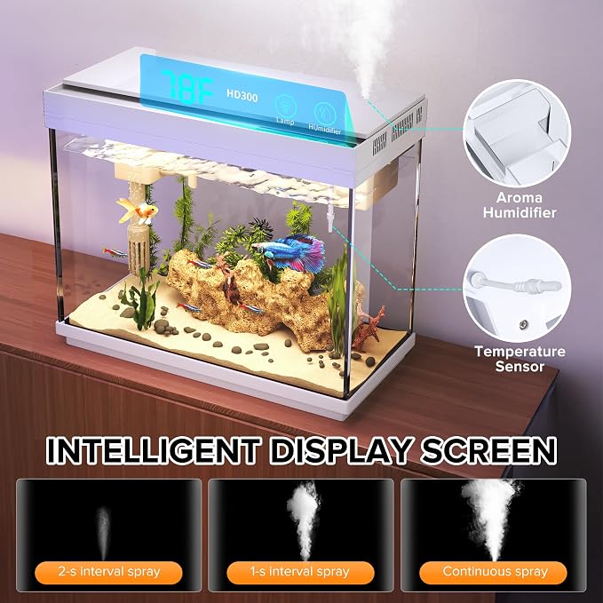 Vehipa 2.4 Gallon Betta Fish Tank, Heater and Humidifier | HD Glass, 3-in-1 Pump, Temperature Display, Timed 7-Color Lights