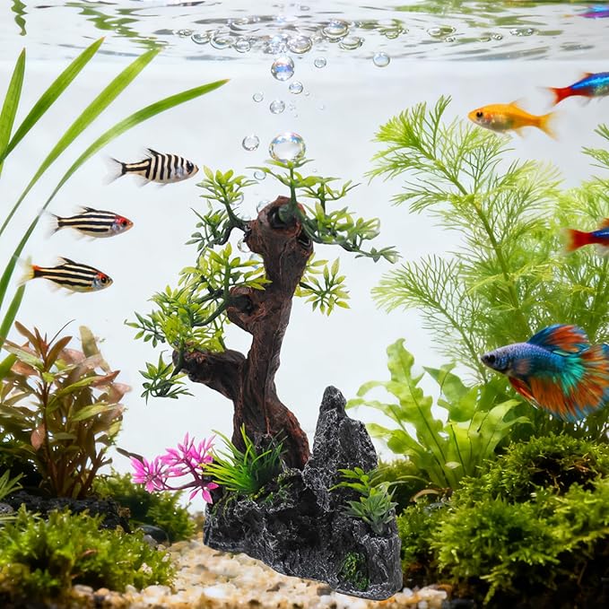Aquarium Bonsai Tree Decor,Fish Tank Decorations Resin Rock View with Artificial Plants Accessories Betta Goldfish Ornaments Freshwater Saltwater Décor for Small Fish Shrimp