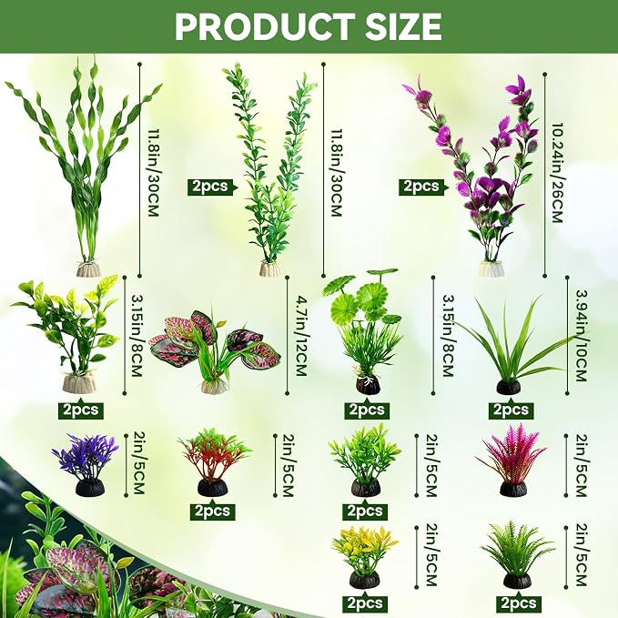 Artificial Aquarium Plants Realistic Green Plastic Fish Tank Decorations | 22Pcs Natural-Looking Aquatic Plants Decor for Betta, Goldfish and Freshwater Aquariums