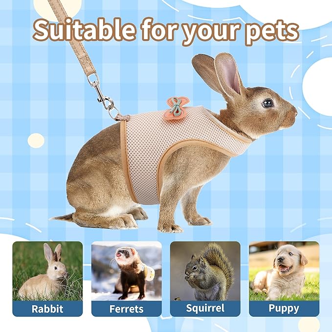 AIITLE Adjustable Rabbit Harness with Cute Bow - Breathable Vest, Anti-Escape Buckles, Reflective Leash for Training, Parties - Fits Rabbits, Hamsters, Mini Pets Beige L