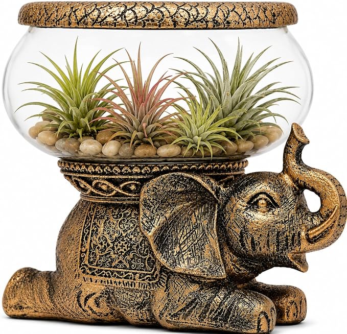 Good Luck Elephant Terrarium Bowl, Antique Gold | Elephant Figurine with Removable Glass Bowl, Succulent Planter, Candle Holder, Air Plant Display, Zen Home Décor Accent