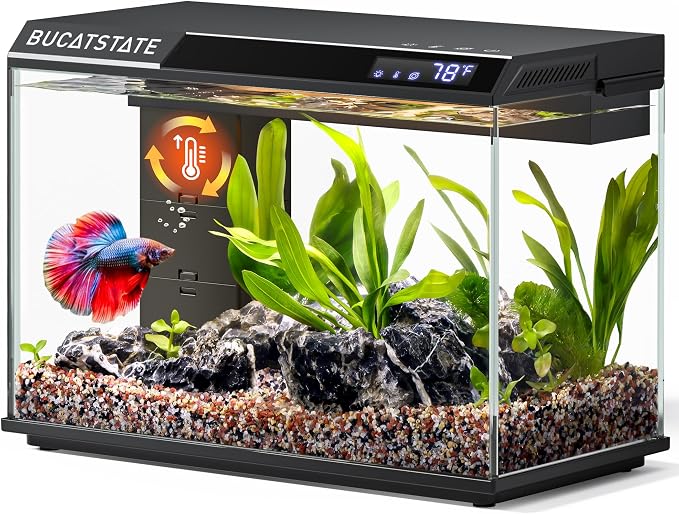 BUCATSTATE 2.6 Gallon Small Fish Tank, 3 Stage Filtration Aquarium (Black) | Independent Waste Compartment Aquarium, Quiet 3 in 1 Pump, Real-Time Temp Display, 8-Mode LED Light, Multi Safety Protection