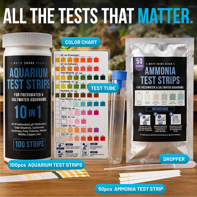 Aquarium Test Strips 11 in 1 | 150 Strips (100 x 10-in-1 + 50 Ammonia) | Tests pH, Ammonia, Nitrate, Nitrite & More | Freshwater & Saltwater Fish Tank Water Test Kit | 60-Second Results