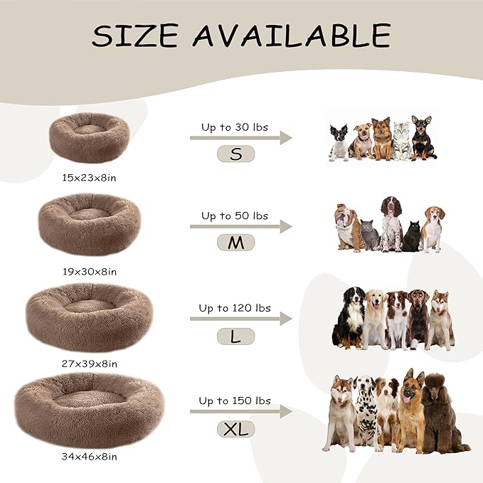 Bunlitent 23'' inch Calming Dog Bed, Plush Anti-Anxiety Donut Dog Bed for Small Dogs, Warming Cozy Soft Cute Round Washable, Marshmallow Cuddler Nest Pet Bed, Brown
