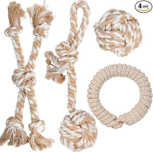 PetiFine Chew Toys for Dogs 4 Pack, Dog Rope Toy for Aggressive Chewers, Interactive Rope Ball Natural Cotton, Dog Tug of War Toy for Teeth Cleaning