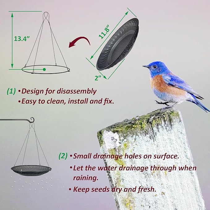 CQAIRIOU Upgraded Hanging Bird Feeder Tray (2 Sets),11.8” Stainless Steel Large Platform Open Bird Seed Tray for Outside Wild Birds