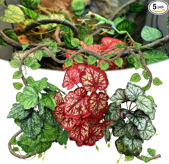 5 Pc Reptile Plants & Habitat Decor Kit - 3 Artificial Plants & Large 3.3ft Jungle Vine Branch, Amphibian Habitat Hideout Decor Accessories for Crested Gecko, Bearded Dragon, Lizard, Snake,Hermit Crab