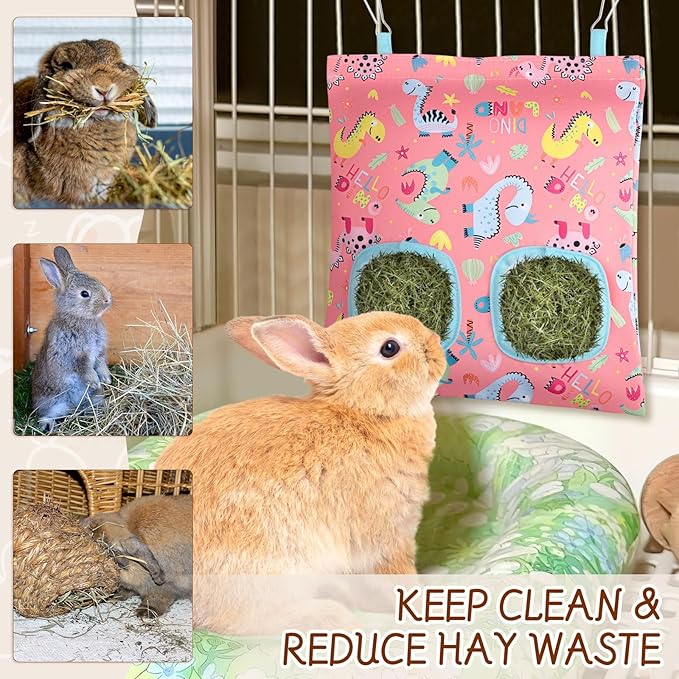 UPINS 3 Hay Bag for Rabbits - 2-Hole Hanging Hay Feeder for Guinea Pigs, Chinchillas, Hamsters & Small Pets (Dark Color)