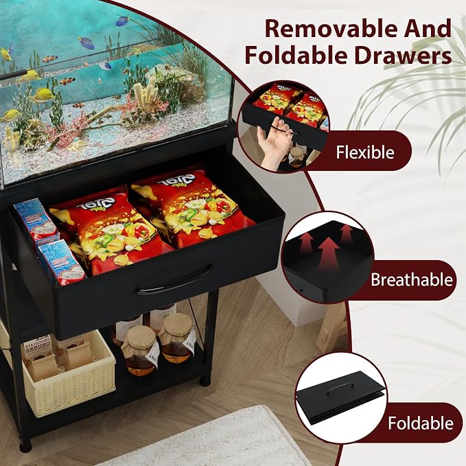 5-10 Gallon Fish Tank Stand with Adjustable Height and Drawer, Black | Heavy duty metal frame holds up to 220 pounds with a lower shelf for a second aquarium, turtle tank or reptile terrarium