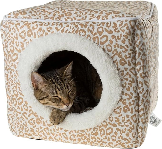 Cat Pet Bed Cave- Indoor Enclosed Covered Cavern/House for Cats Kittens and Small Pets with Removable Cushion Pad by PETMAKER, Tan/White Animal Print 13x12x12