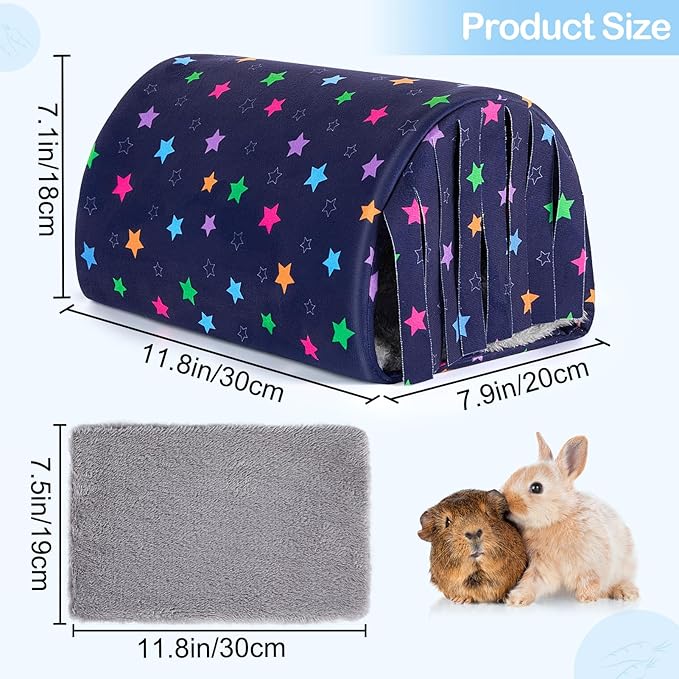 Glittme Guinea Pig Hideout with Curtain and Tunnel - Soft Bed with Cushion - Suitable for Guinea Pig, Hamster, Chinchilla, Bunny - Blue Stars