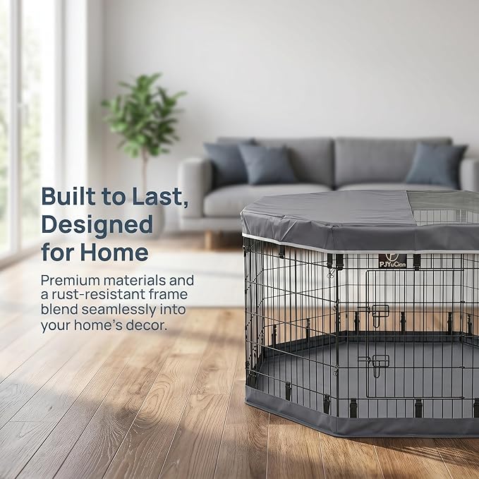 PJYuCien Dog Playpen with Top Cover and Bottom Pad - Metal Foldable Exercise Pen, 8 Panels 36" H x 24" W Indoor Outdoor Pet Fence Puppy Crate Kennel, Gray