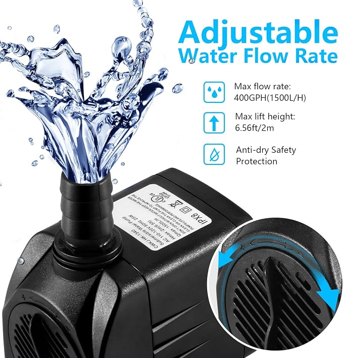 CWKJ Fountain Pump, 400GPH(25W 1500L/H) Submersible Water Durable Outdoor Pump with 6.5ft Tubing (ID x 1/2-Inch), 3 Nozzles for Aquarium, Pond, Fish Tank, Hydroponics