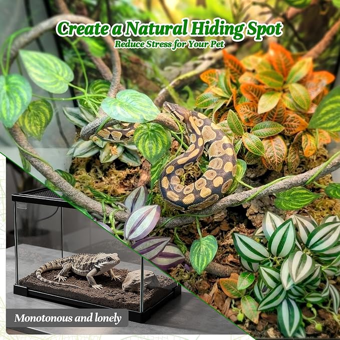 5 Pcs Reptile Plants & Habitat Decor Kit - 3 Artificial Hanging Plants & Large 3.3ft Jungle Vine Branch, Terrarium Tank Climbing Accessories for Crested Gecko, Bearded Dragon, Lizard, Snake, Chameleon