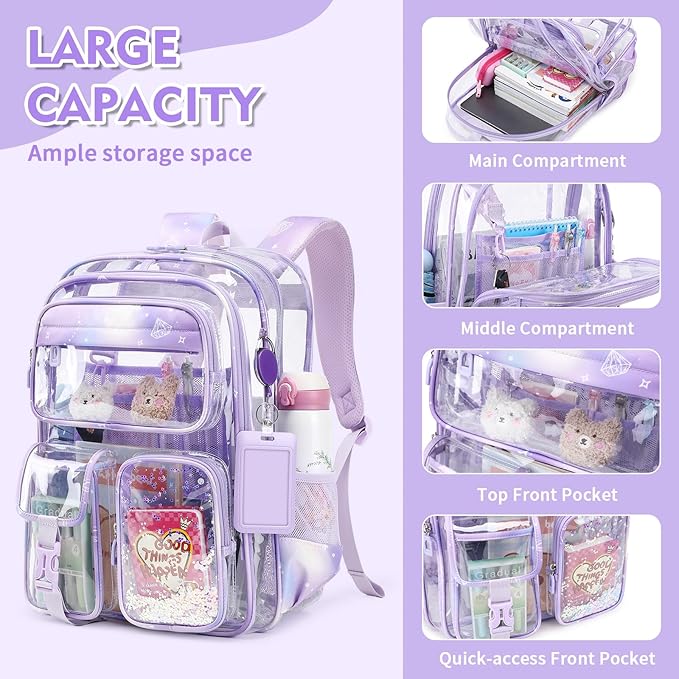 Clear Backpack for School,Transparent Backpack Stadium Events,Heavy Duty Clear Bookbag for Girls,Boys,Work,Sport Purple Sparkle