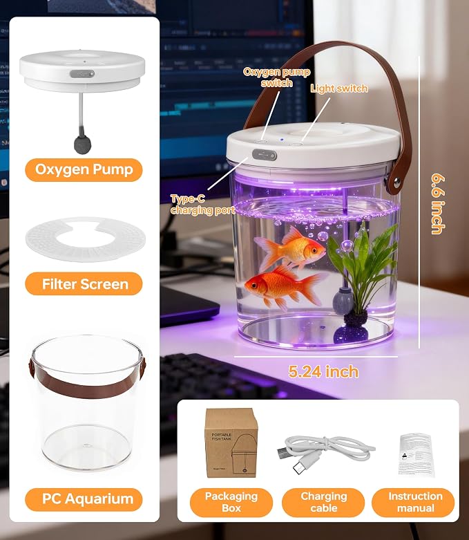 Betta Fish Tank Small Aquarium: 1.2L Portable Plastic Bowl Desktop Fishtank | Mini Beta Tank Kit Critter Keeper Transport Cage Container Travel Carrier Catch and Release for Beach Office Display