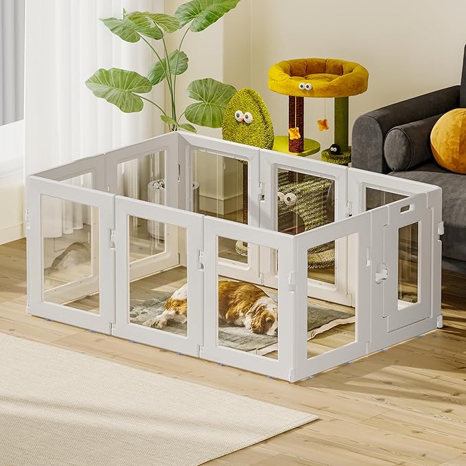 Clear Acrylic Dog Playpen Indoor, Puppy Cat Small Pet Play Pen, Easy Assemble & Disassemble Sturdy Plastic Dog Fence with Heavy Duty Door Lock (24In H, 10PCS), White