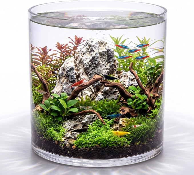 2.5 Gallon Cylindrical Glass Fish Tank Solid Base, 360° Full View Desktop Aquarium Starter, Easy to Maintain Small Microfauna for Betta Snails Shrimp Aquatic Planting and Small Plant Terrarium