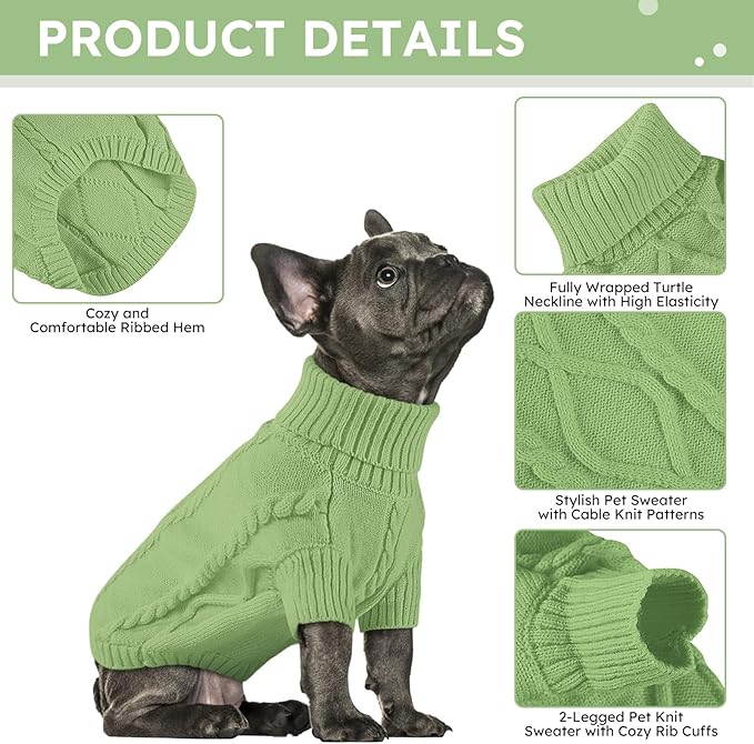 Queenmore Small Dog Pullover Sweater, Cold Weather Cable Knitwear, Classic Turtleneck Thick Warm Clothes for Chihuahua, Bulldog, Dachshund, Pug, Yorkie (Green, Medium)