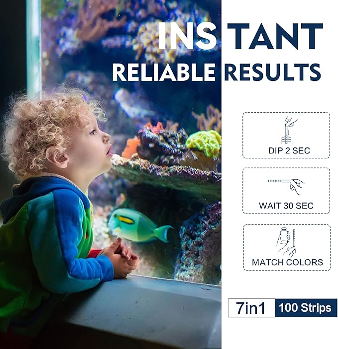 DIPSTIK Aquarium Test Strips, 7-Way Freshwater Saltwater Fish Tank Pond Test Kit, 100 Strips, Nitrate, Nitrite, Chlorine, Hardness, Alkalinity, Carbonate, pH