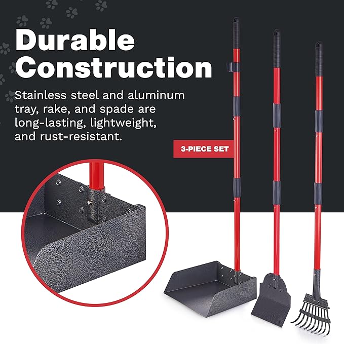 Pawler Pooper Scooper for Large Dogs, Small Dogs and Horses, Metal Poop Scooper Set with Long Handle Rake, Spade and Tray for Yard, Grass, Dirt or Gravel, Heavy Duty Aluminum Poop Picker Upper