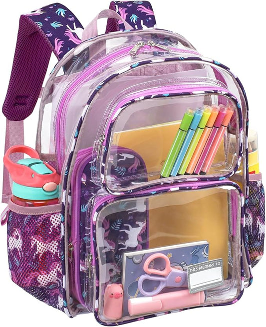 Bagseri Clear Backpack for Girls - 15 Inch Heavy Duty Kids Clear Bookbag for Kindergarten to Grade 2, Transparent School Bag with Reflective Strip, Fits Folders, Deep Purple Unicorn