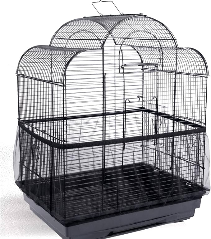 Hakeeta Bird Cage Skirt, Mesh Bird Seed Catcher, Airy Net Cover, Soft Nylon Ventilated Skirt Traps Seed Guard for Parrots with Adjustable Drawstring (Large Size-XL, Black)