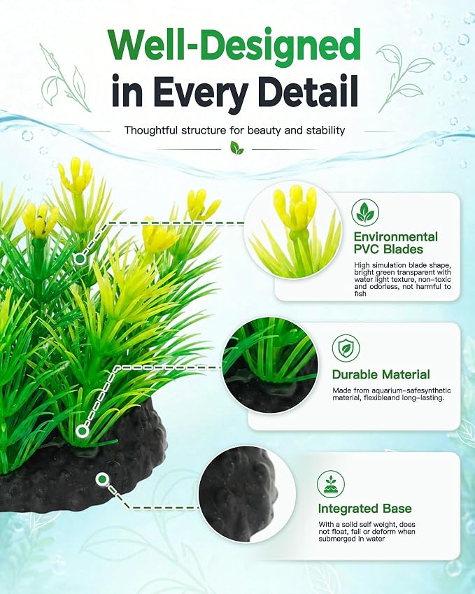 Moonorange 4pcs Artificial Flowers Plants Pine with Base Grass Fish Tank Plastic Landscape Decor