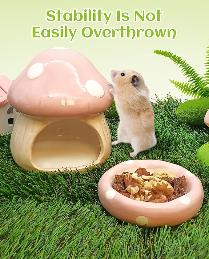 BNOSDM Ceramic Hamster Hideout Cute Mushroom Shape Hamster House and Habitat Cool Hamsters Hide Suitable for Syrian, Mice, Dwarf Hamsters, Gerbils (Pink)