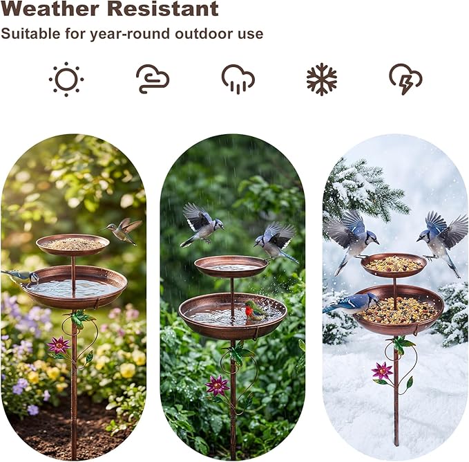 EdenseeLake Double Metal Bird Bath for Outside, 43.8 Inch Upgraded 5-Prong Base Stake Birdbaths Feeder with Detachable Bowls for Outdoors Lawn Patio Yard Garden Decor