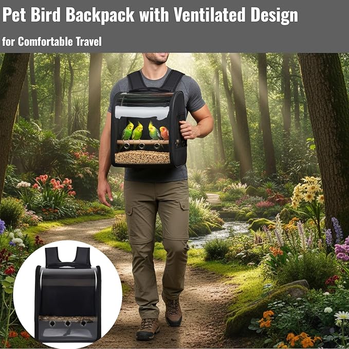 Pet Bird Backpack with Ventilated Acrylic Front and Perch for Travel