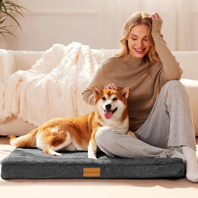 Patas Lague Orthopedic XL Dog Bed Large Sized Dog 42''X28'', Soft Waterproof Egg Crate Foam Large Pet Crate Beds Mat with Removable Washable Cover and Non-Slip Bottom, Dark Grey