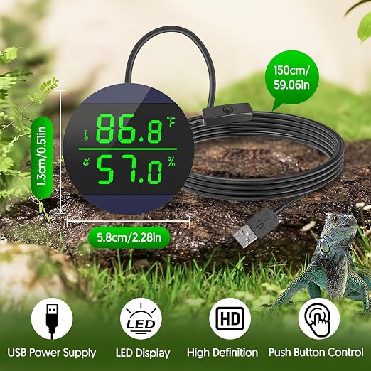 QZQ Reptile Thermometer and Humidity Gauge, Digital Display, 2-Pack Blue | LED Thermometer Hydrometer, Reptile Tank Accessories for Bearded Dragon, Crested Gecko, Snake, Lizard, USB Power Supply