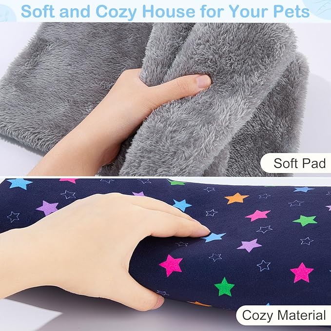 Glittme Guinea Pig Hideout with Curtain and Tunnel - Soft Bed with Cushion - Suitable for Guinea Pig, Hamster, Chinchilla, Bunny - Blue Stars