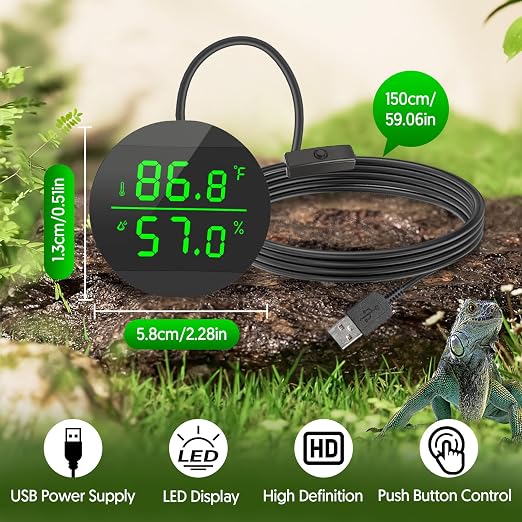 QZQ Reptile Thermometer and Humidity Gauge, Digital Display, 2-Pack Black | LED Thermometer Hydrometer, Reptile Tank Accessories for Bearded Dragon, Crested Gecko, Snake, Lizard, USB Power Supply