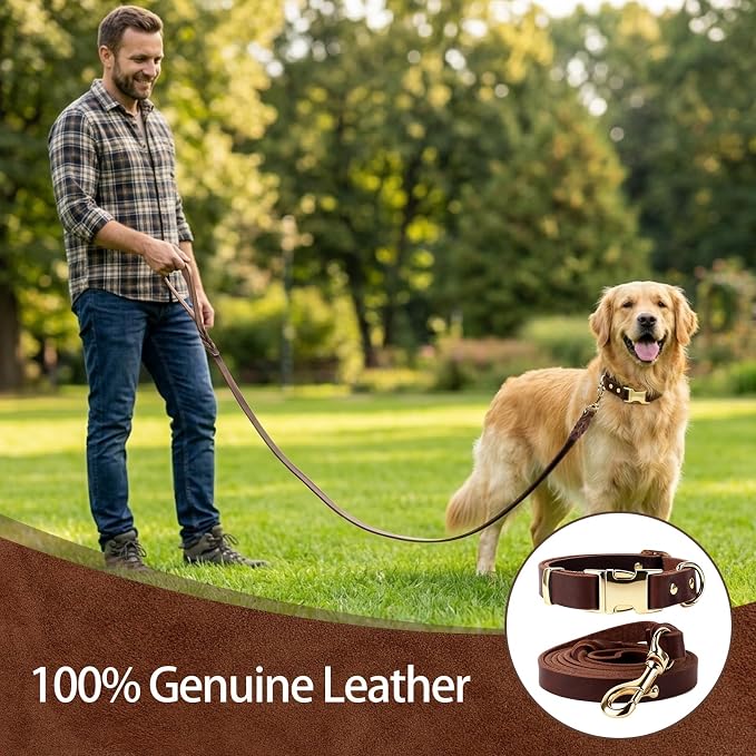 Leather Dog Collar and Leash Set, 6FT Heavy Duty Leather Training Leash with Adjustable Dog Collar, Soft and Durable Dogs Leashes and Collars Set for Small Medium Large Dogs (Brown, M)