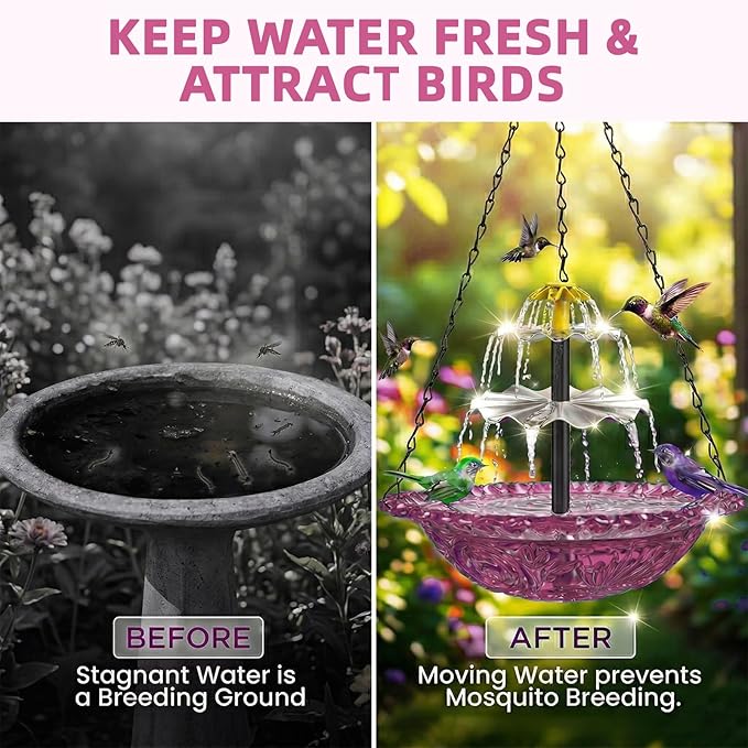 Solar Fountain for Bird Bath, Hanging Cascade Water Feature for Outdoor Garden & Yard Decor, Creates a Relaxing Flow that Attracts Birds (Purple(XL))