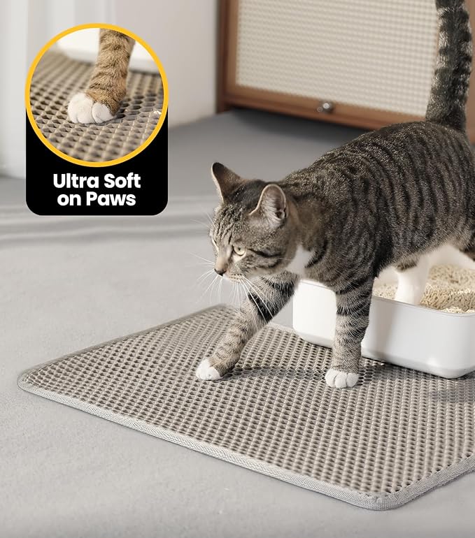 Conlun Cat Litter Trapping Mat for Small Spaces, 23.6"x14.6" Space-Saving Litter Box Floor Mat, Hexagon Grids & Anti-Leak Base, Machine Washable, Non-Slip Kitty Matt for Apartment, Gray