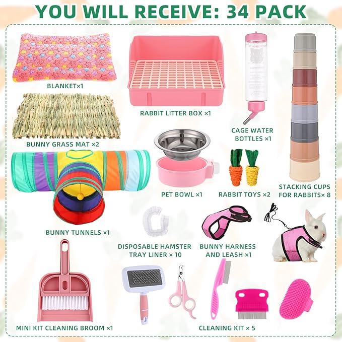 34 Pcs Rabbit Starter Kit Rabbit Litter Box Small Animal Water Bottle Stacking Cups Bunny Tunnels Animal Grooming Kit Bowl Blanket with Cleaning Set for Guinea Pig Bunny Accessories (Pink)