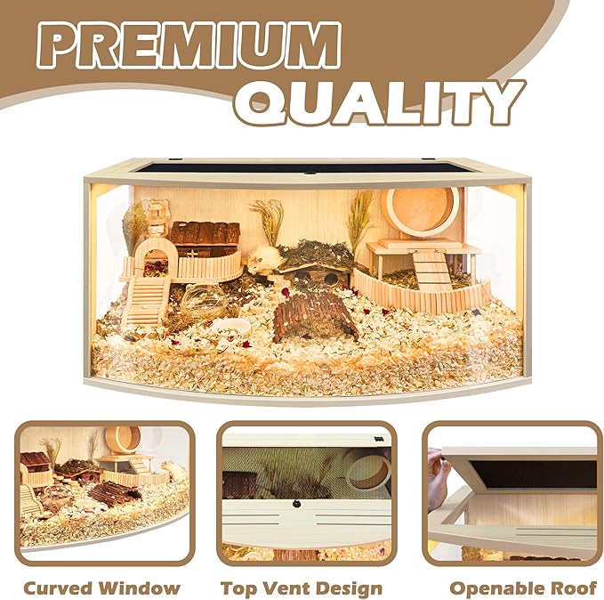 Prolee Hamster Cage Chew Proof Wood, Hamsters Enclosure Openable Top with Curved Design,Waterproof Small Animals Cage with Acrylic Sheets for Gerbils,Hamster Habitat(32 Inches)