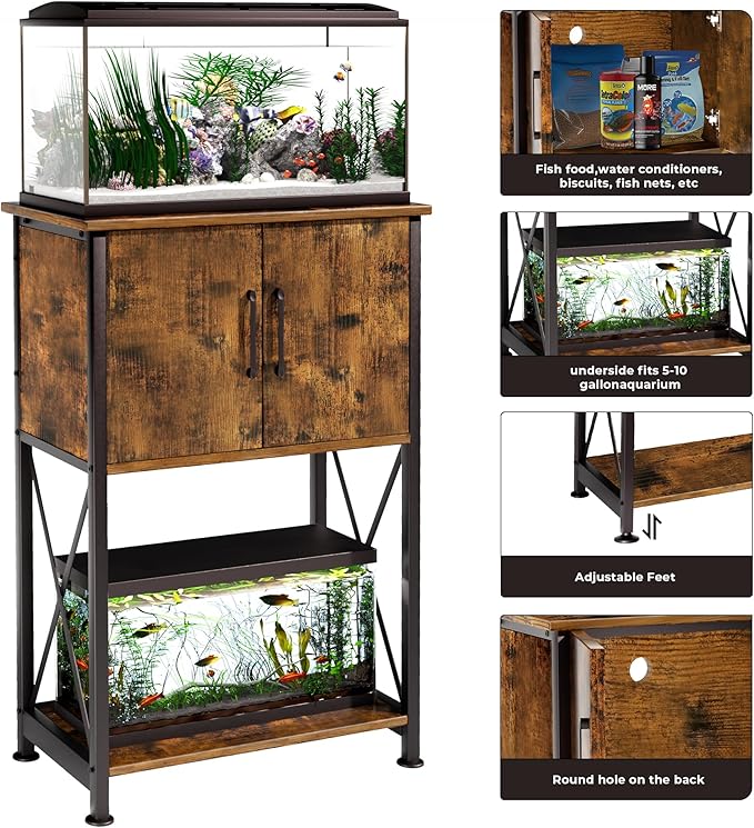 Herture 5-10 Gallon Fish Tank Stand, Metal Double Aquarium Stand with Cabinet for Fish Tank Accessories Storage, Heavy Duty 20.5" L* 11.02" W Tabletop, 500LBS Capacity Rustic Brown and Black PG06YGN