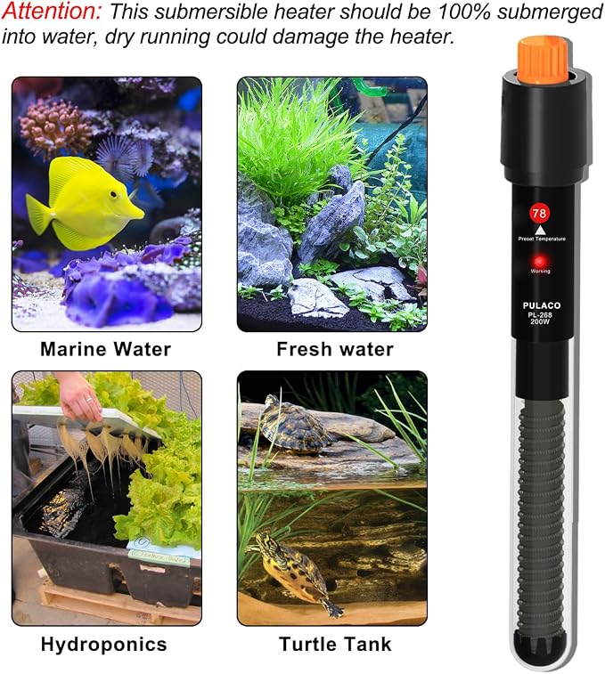 200Watt Aquarium Heater for 25-50 Gallon Fish Tank, Adjustable Submersible Heater Thermostat with Thermometer Strip and Suction Cup