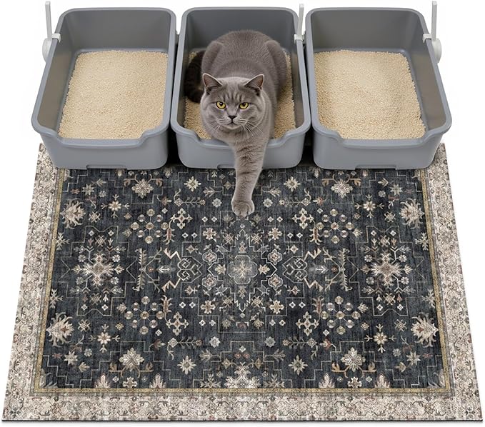 Cat Litter Mat Litter Trapping Mat, 40"x30" Waterproof Urine Proof Litter Box Mat Catcher Mat Non-Slip Washable for Kitty Kitten, Black