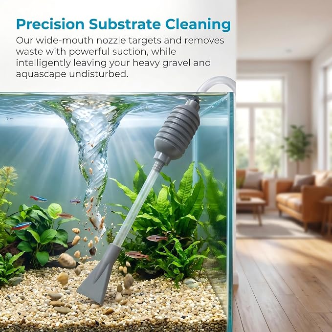 Aquarium Gravel Vacuum Siphon Pump with Flow Control Valve 5.7FT | Gravel Cleaner Water Changer 10-50 Gallon Tanks, J-Hook PVC Hose, Freshwater Saltwater Compatible, Precision Flow Ctrl