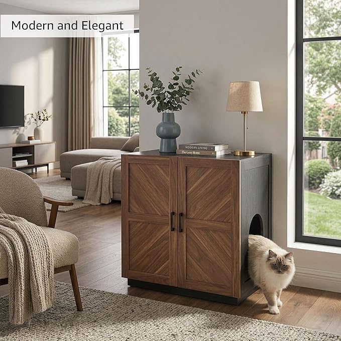 unipaws Cat Litter Box Enclosure Furniture with Storage Shelf, Tall Hidden Litter Box Cover for Tall or Top Entry Litter Box, Kitty Enclosed Cabinet, Cat Box with Odor Control, Walnut and Black