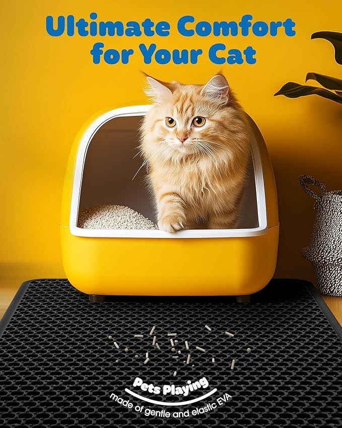 Powools 27" x 19" Cat Litter Mat - Ultra-Large Litter Box Mat with Double Layers, Urine-Proof and Non-Slip Litter Trapping Mat, Easy to Clean Kitty Litter Mats for Floor, Scatter Control, Black