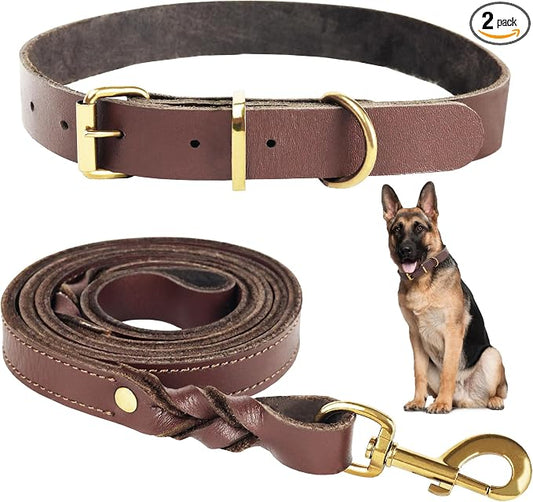 Heavy Duty Genuine Leather Dog Collar and Leash Set - 5ft Soft and Durable With Metal Buckle - Adjustable, Compatible for Small to Medium Dogs