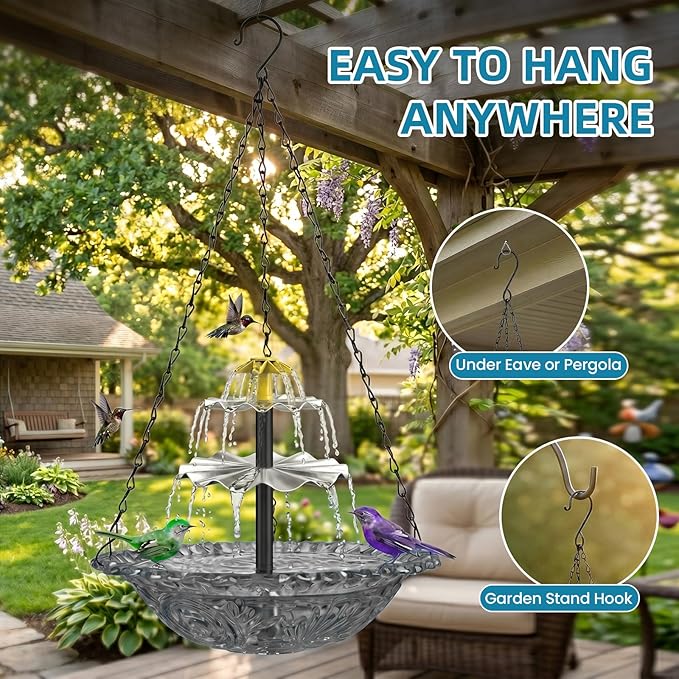 Solar Fountain for Bird Bath, Hanging Cascade Water Feature for Outdoor Garden & Yard Decor, Creates a Relaxing Flow that Attracts Birds (Gray(XL))