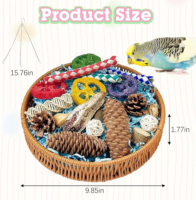 BNOSDM Rattan Bird Foraging Box 19 Pcs Natural Parrot Shredding Toys Boxes Colorful Bird Chewing Toy for Cockatiel Budgie Parakeet Conure Lovebird African Grey