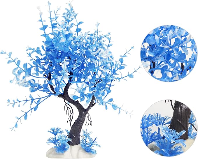 Aquarium Fish Tank Decorations, Blue Plastic Tree with 6 Pack Small Artificial Aquarium Plants Set for Betta Fish Tank Decor
